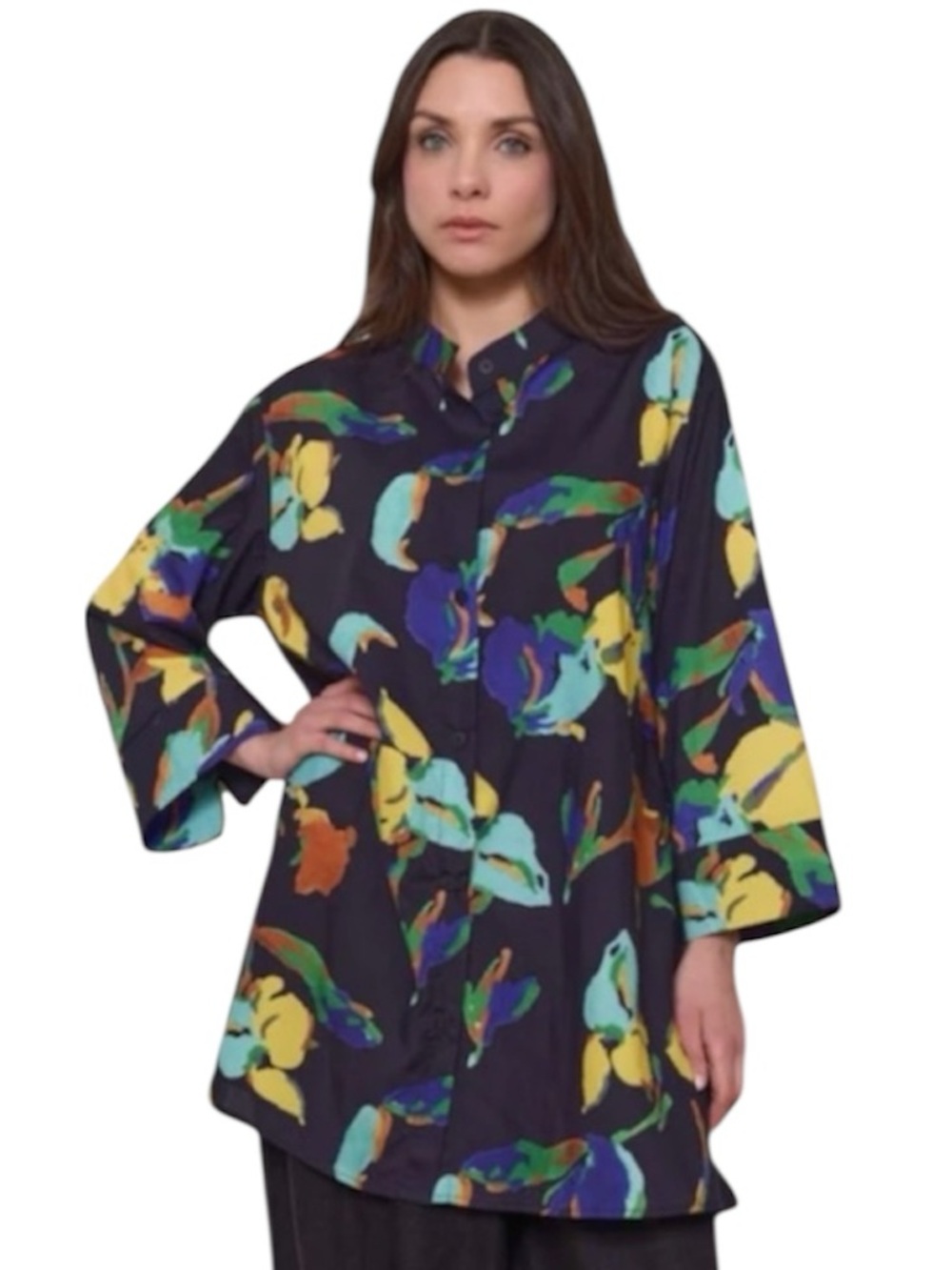Bella Blue Vibrant Floral Artsy Parisian Cobalt Blue Chemise Shirt Tunic Dress M